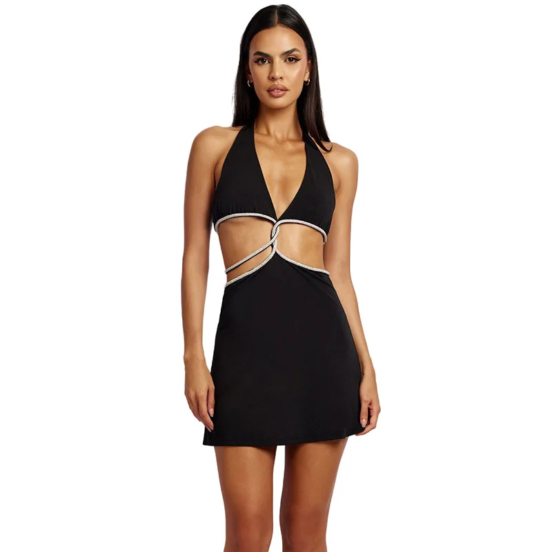 

New Black Sexy Halter Cut Out Mini Dress For Women Summer Rave Festival Outfits Straps Sexy V Neck Skinny Wrap Dresses