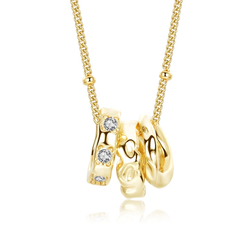 

Women trendy hammered geometric necklace 925 sterling silver gold plated triple ring zircon circle pendant necklace jewelry