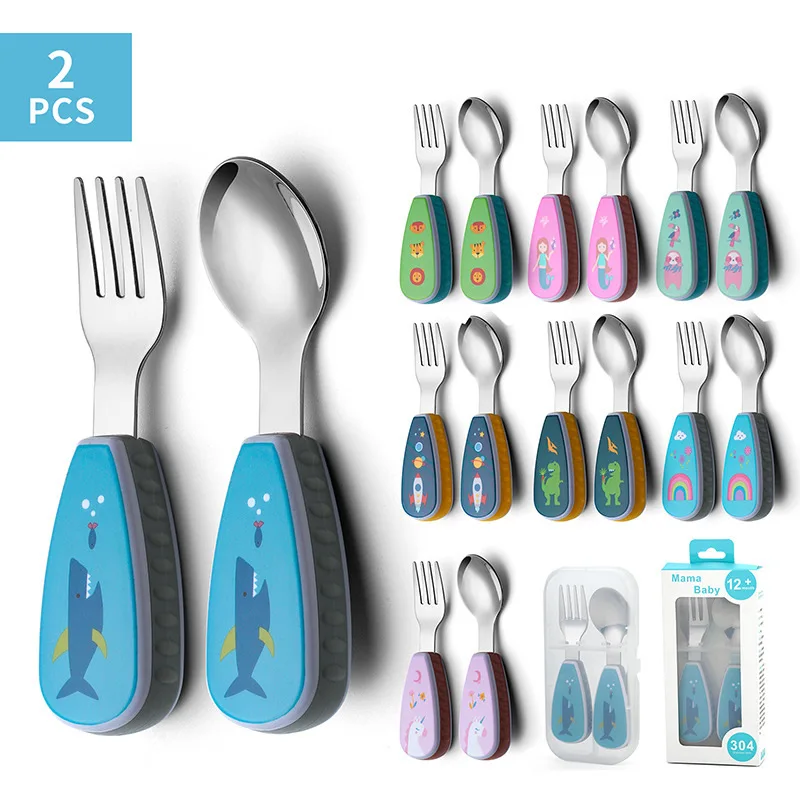 

304 stainless steel lovely cute cartoon handle customized kids flatware spoon fork set, 8 colors/designs