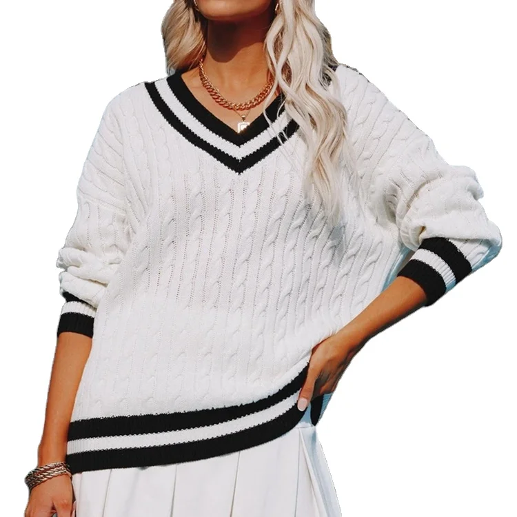 

001 New Style Amazon Women's V-neck Black And White Contrast Loose Casual Pullover British Style Sweater, Black,white