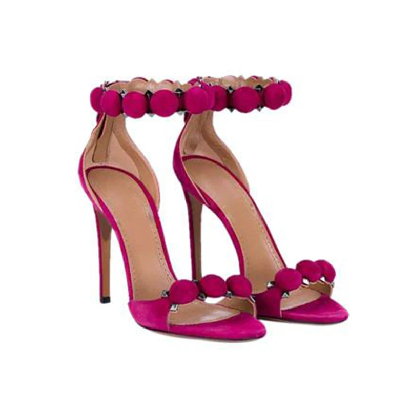 

Summer fashion open toe ankle strap women pom pom suede high heels stilettos sandals