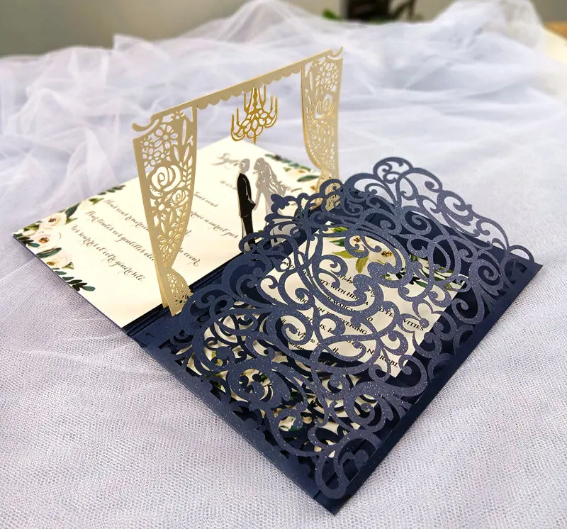

Navy Blue Burgundy Pearl Laser Cut 3D Wedding Invitation card trifold Cards Greeting Gift Pocket invite cover for Anniversary