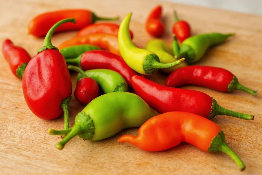 Close-up photography of various little chili pepper varieties arranged on wooden cutting board showing different colors and shapes