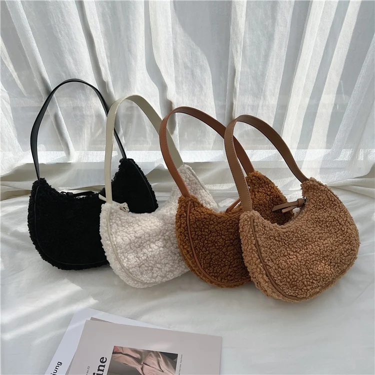 

2021 winter new ladies plush shoulder bag fashion versatile women handbag trend lambswool crescent bag