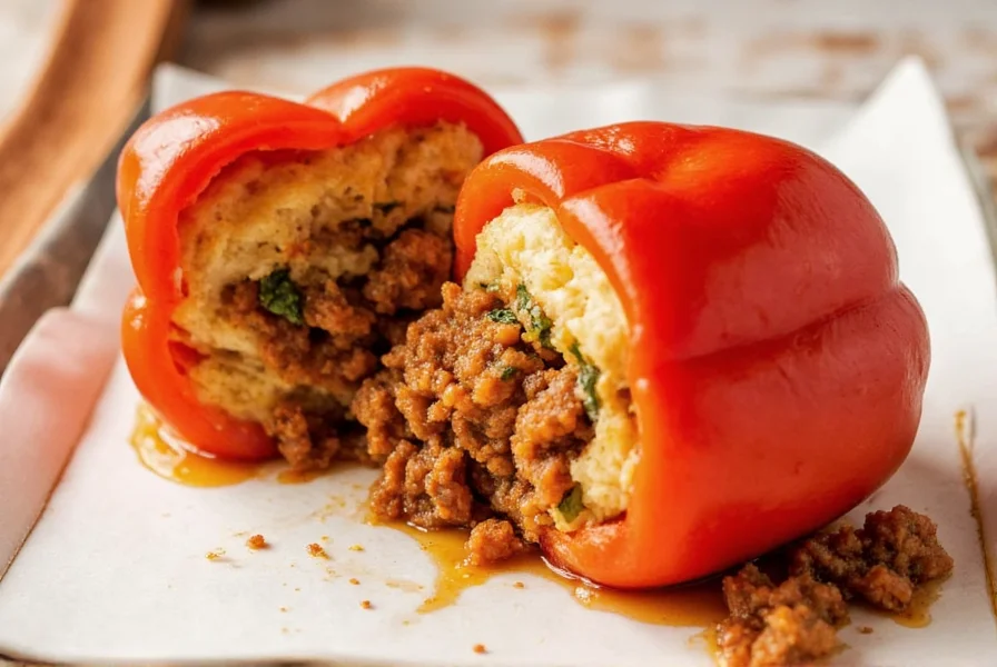 Traditional Hungarian stuffed paprika arranged in a white ceramic dish with sour cream garnish and fresh parsley