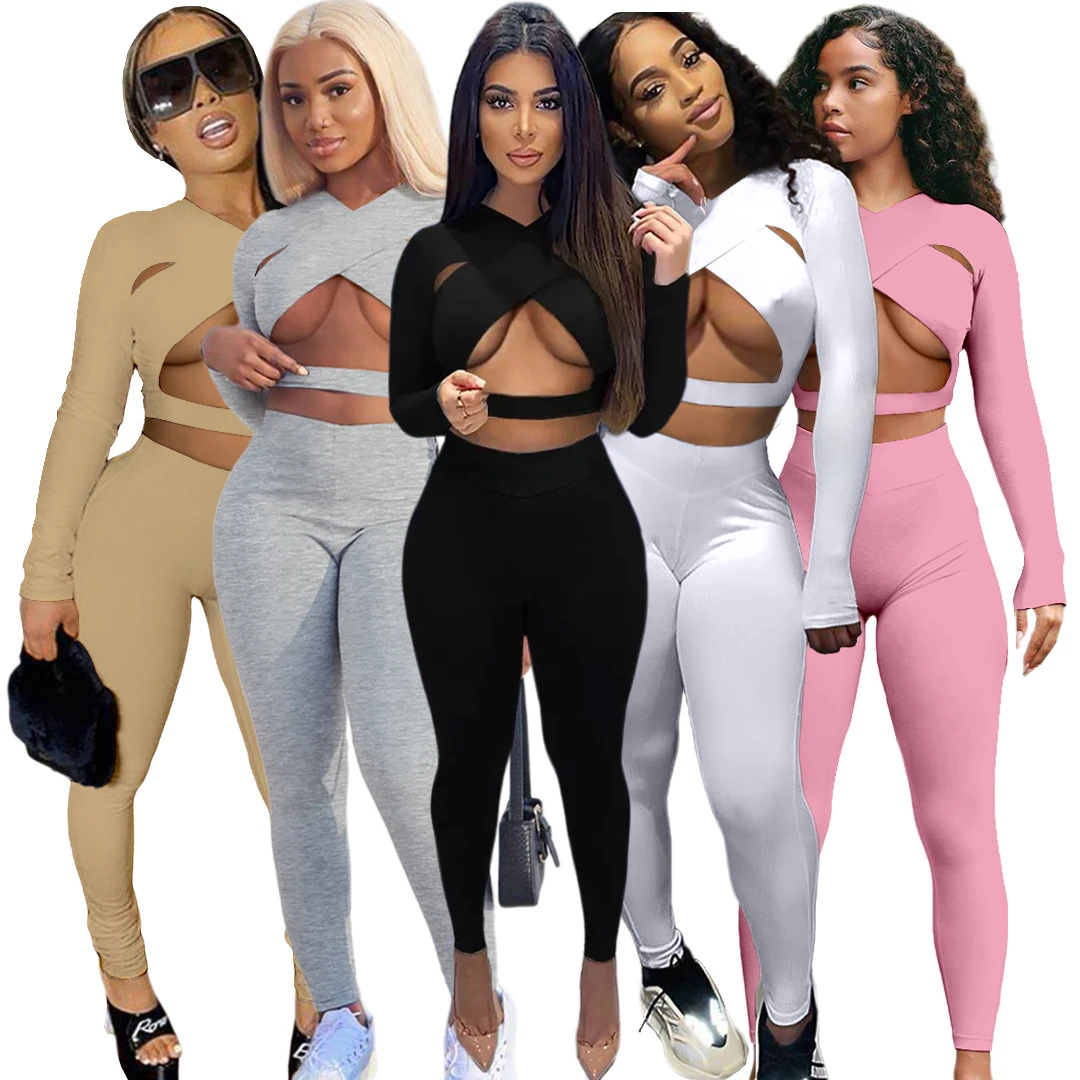 

GQ3112 wholesale women two piece sets hollow out women sets two piece sexy sports two piece pants set, Picture