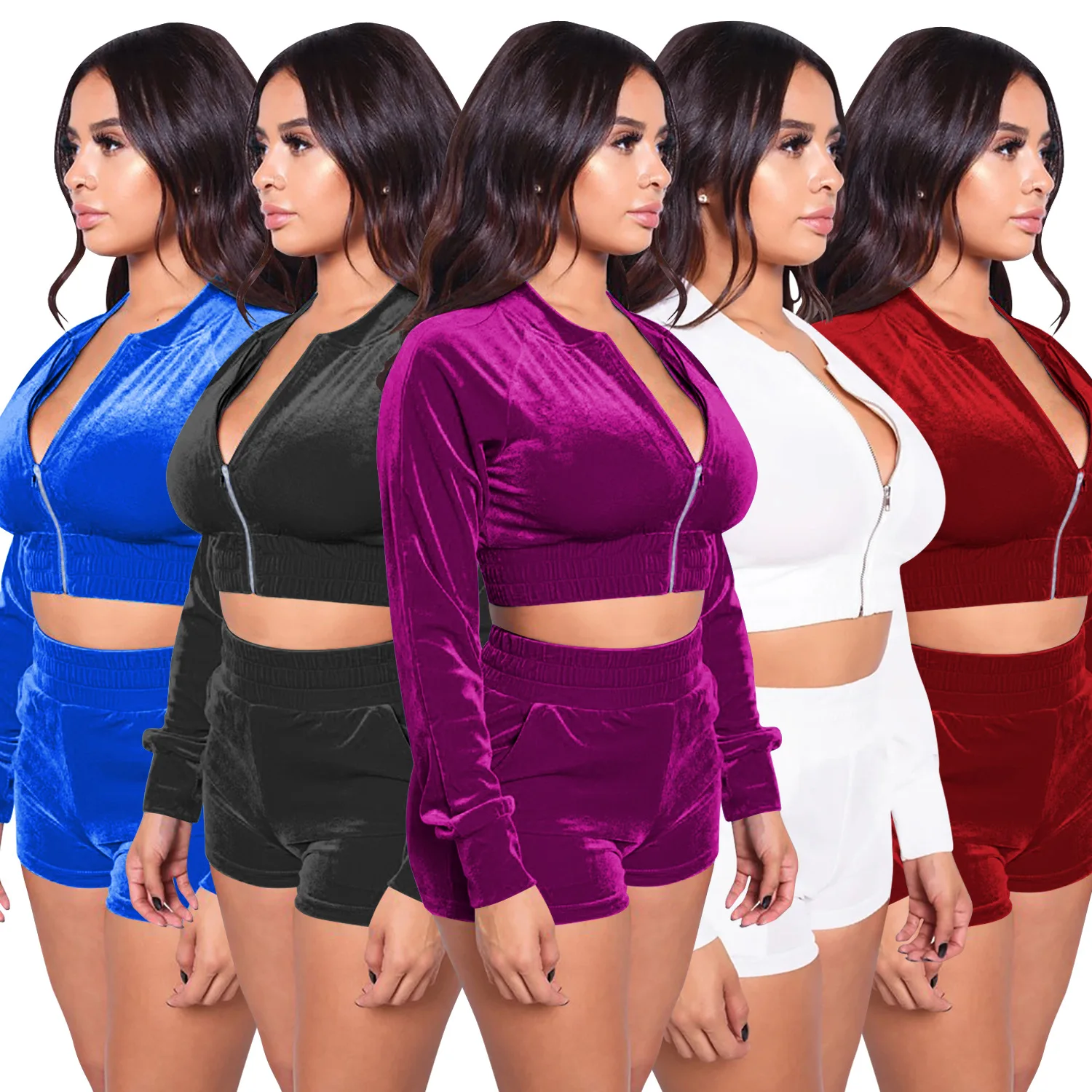 

Women Custom Sets Two Piece Short Sets Solid Colors Long Sleeves Two Piece Shorts Velvet 2 Piece Clothing Set