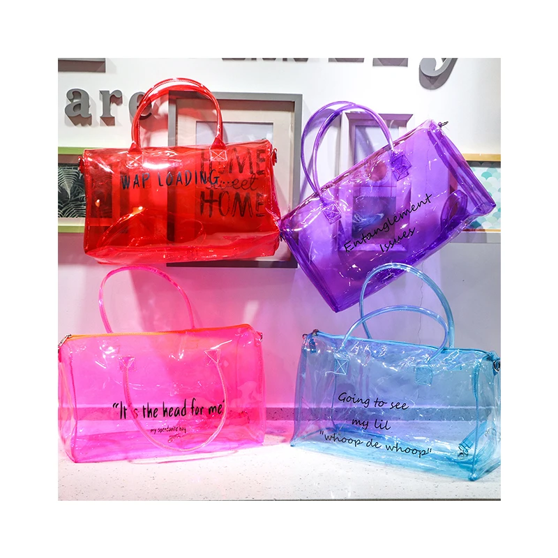 

2021 Transparent Jelly Big Bags Ladies Large Capacity Outdoor Purses Candy Color PVC Handbags for Women Fashion Zipper Bolsa Sac
