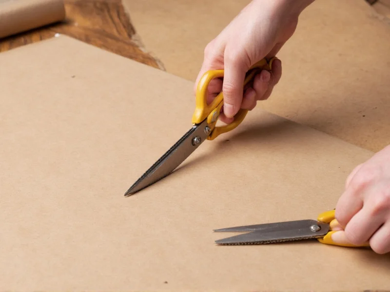 Hand holding cardboard craft scissors cutting corrugated material