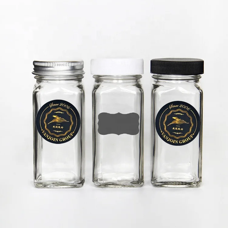 

OEM package square 4oz spice glass jars containers with shaker lids and blank round waterproof labels, Transparent