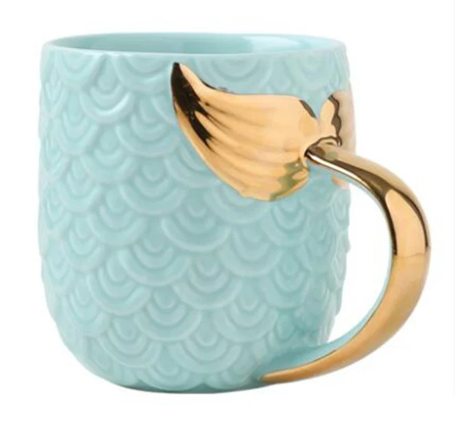 

hot sale Mermaid tail handle pearl glaze gold creative ceramic water fun cup Mermaid coffee reusable embossed mug for gift, Customized promotional mug