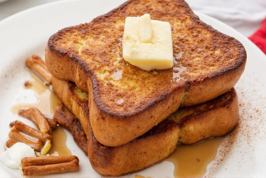 Perfectly golden cinnamon french toast slices on a white plate with maple syrup drizzle and powdered sugar