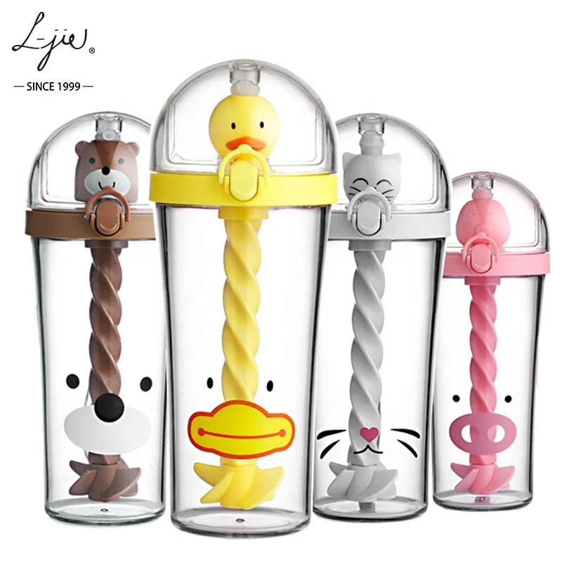 

BPA Free Christmas Gift UCHOME Yellow Duck Mixing Cup Creative Animal Pig Cup Cute Pet Straw Plastic Bottle, Pink yellow gray brown