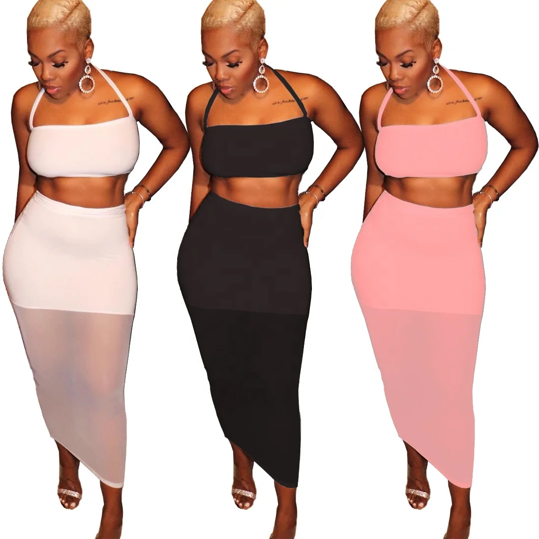 

Soild Color tube tops with mesh patchwork wrapped skirt summer sexy Two piece skirt set club dresses mesh two piece set women, White/pink/black