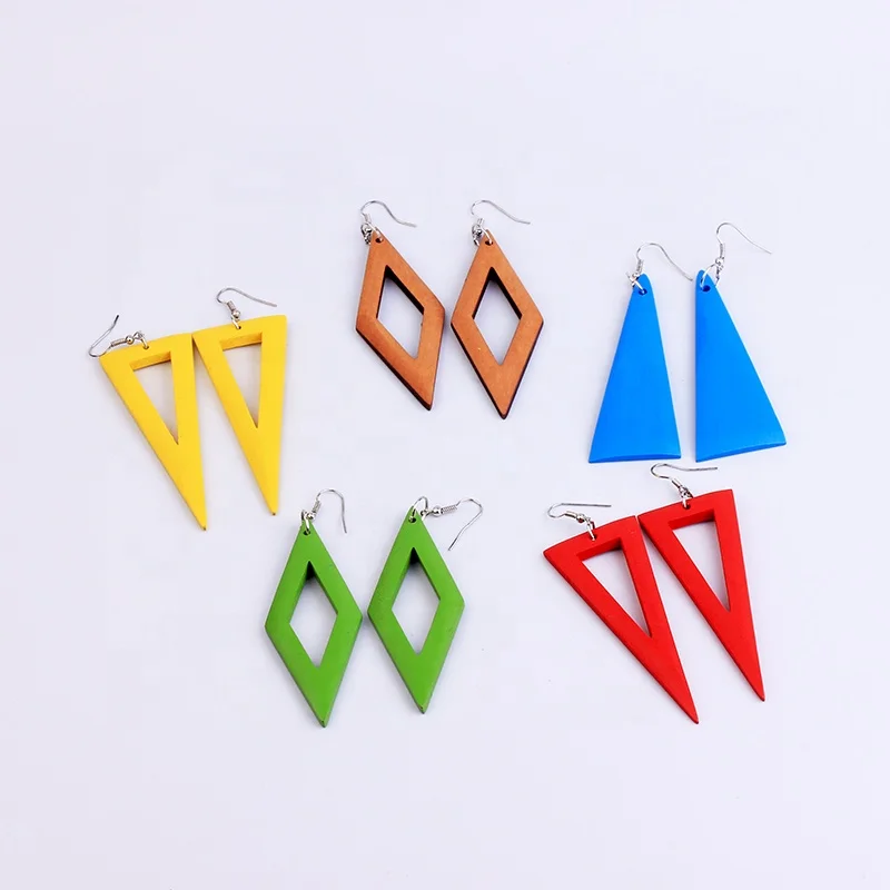 

Fashion Colorful Wooden Earrings for Women Geometric Red Yellow Jewelry Drop Trendy Triangle African Earring