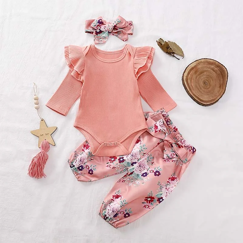 

0-24M Newborn Baby Girls Spring Autumn Clothes Tops Romper Floral Pants Headband Outfit Set, As picture