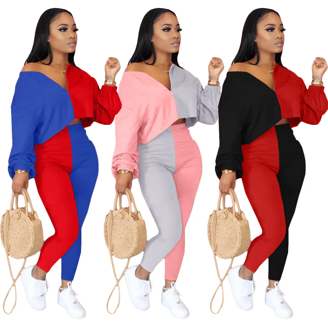 

Sexy v neck long sleeves loose Patchwork women 2 piece set clothing summer solid color two piece outfit women casual Sportswear