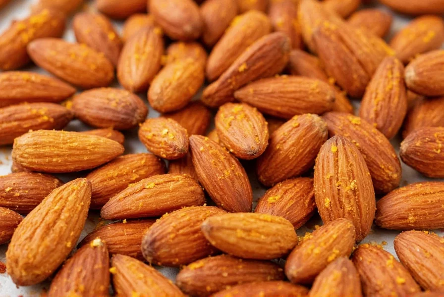 Close-up photograph of homemade chili lime almonds showing vibrant orange seasoning coating on roasted almonds with lime zest visible