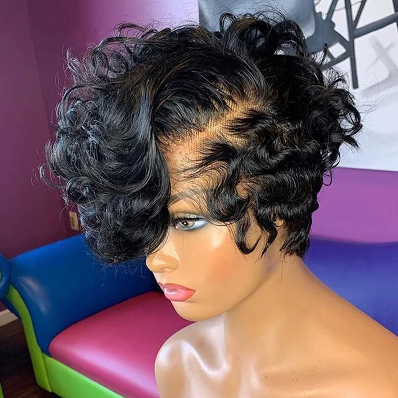 

Dropshipping Short Cut Pixie Curly Bob Natural Color Virgin Malaysian Human Hair Lace Front Wig