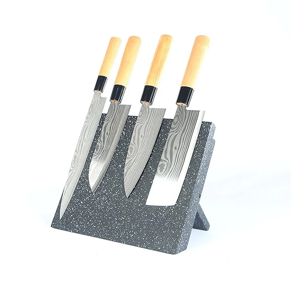 

Wooden Magnetic Knife Block Stand Universal foldable Knife Holder with Stone Marble Snow grain