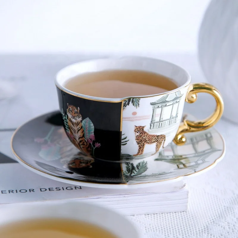 

New Chinese style tiger pattern irregular ceramic coffee cup and saucer with gold handle, As the photo