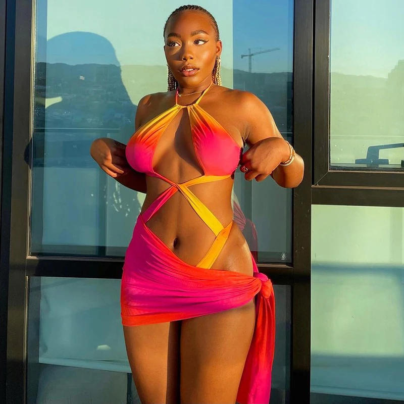 

New style fast shipping halter sexy women hollow out 2 piece skirt set gradient two piece bikini set with cheap price