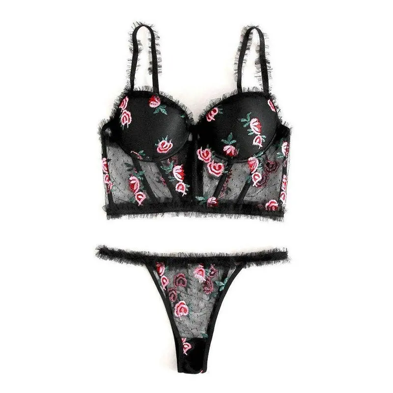 

Wholesale floral embroidered mesh women's sexy underwire lingerie set, Black