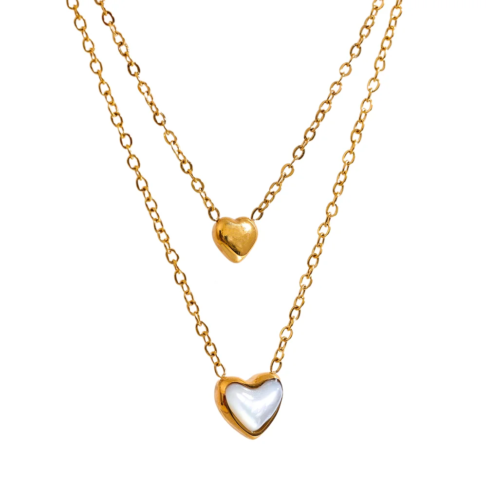 

JINYOU 2392 Super Chic Stainless Steel Heart Natural Shell Pendant Double Layered Necklace Exquisite Chain Korean Jewelry Women