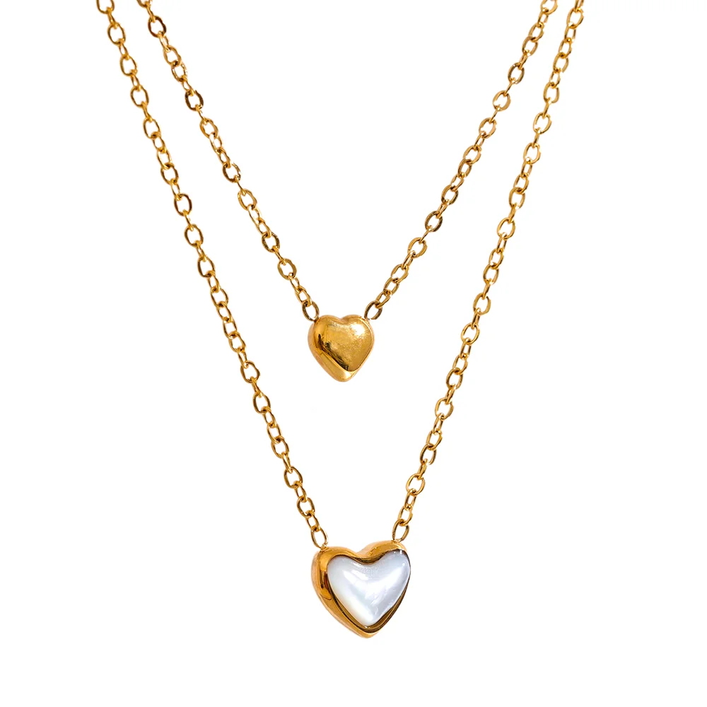 JINYOU 2392 Super Chic Stainless Steel Heart Natural Shell Pendant Double Layered Necklace Exquisite Chain Korean Jewelry Women