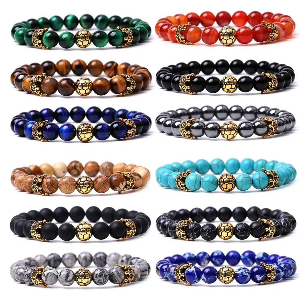 

Factory Custom Fashion Devil Eyes Natural Stone Beads Bracelet Crown Football Alloy Charm Tiger Eye Obsidian Bracelet for Men