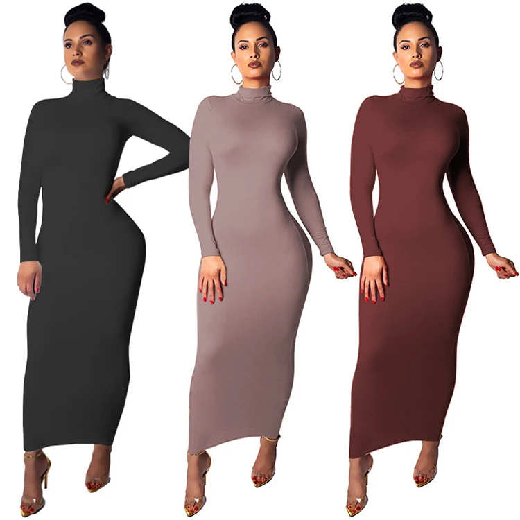 

2020 Autumn Fashion Long Sleeve Dresses Milk Silk Pullover High Neck Casual Dress, Yellow, wine red, green, black, apricot