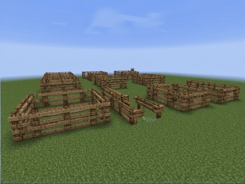 Minecraft farm with different wood fences surrounding animal pens