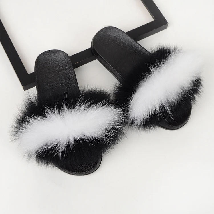 

USA Wholesale Drop Shipping Big Fluffy Fox Pink Fur Slides Slipper for Women, 6 color as picture