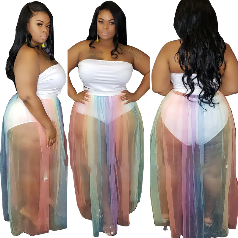 

BR1301 5XL Elegant Plus Size Strapless Sheer Rainbow Mesh Patchwork Women long maxi dress