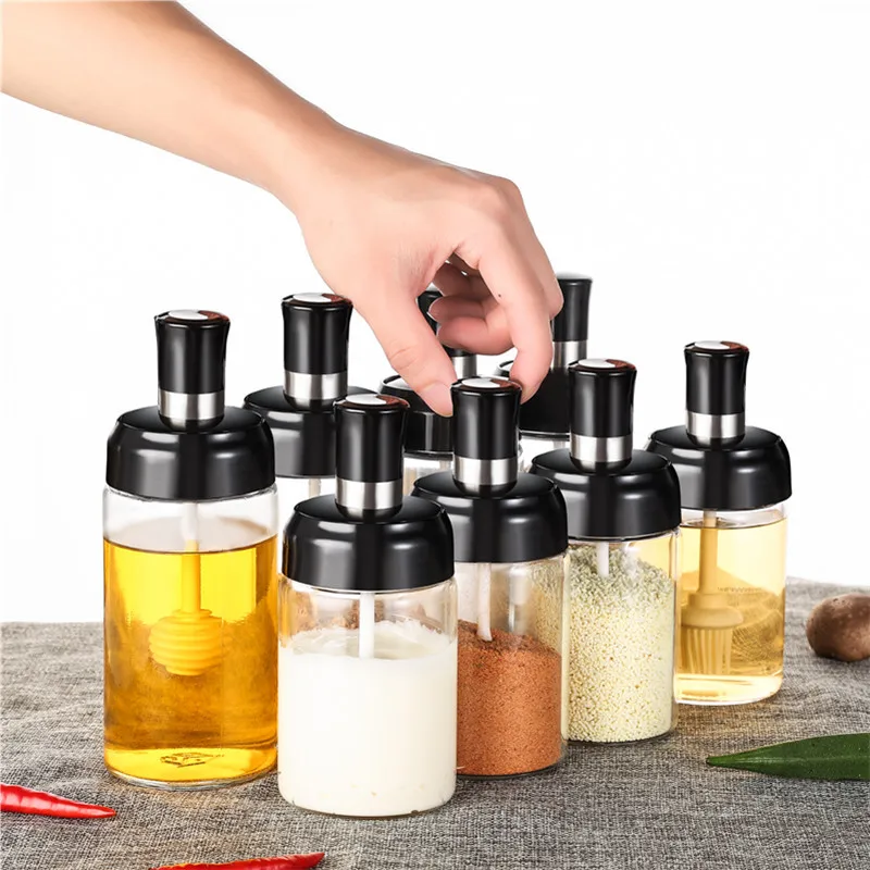 

Kitchen Supplies Glass Seasoning Bottle cooking Salt oil storage bottle Spice Jars container set With Spoon brush, Black