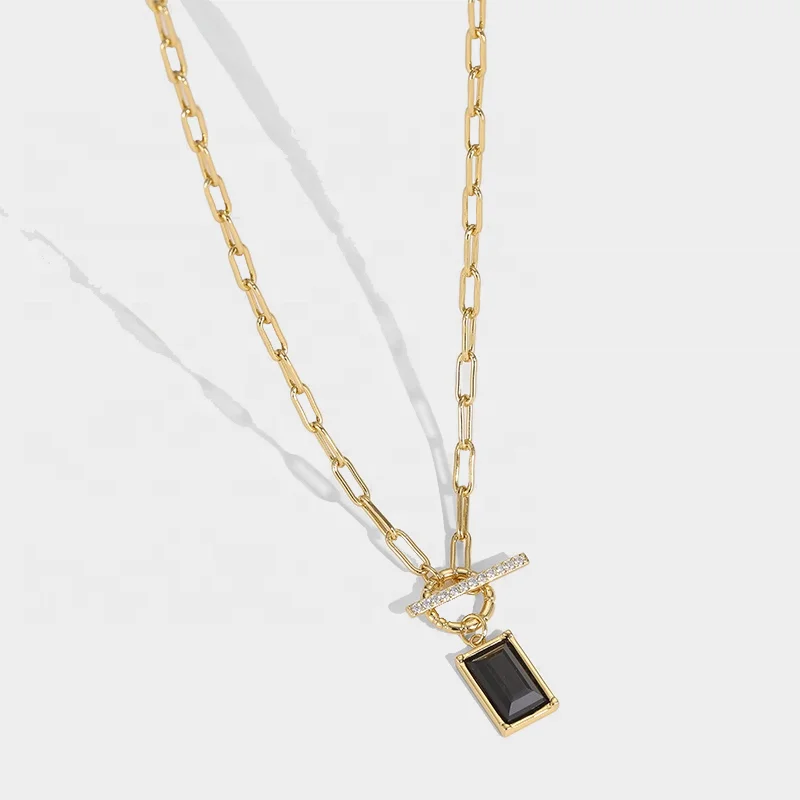 

Niche Chic Premium Feeling Brass Gold-plated Black Onyx Geometric Pendant Ot Clasp Chain Necklace, Picture