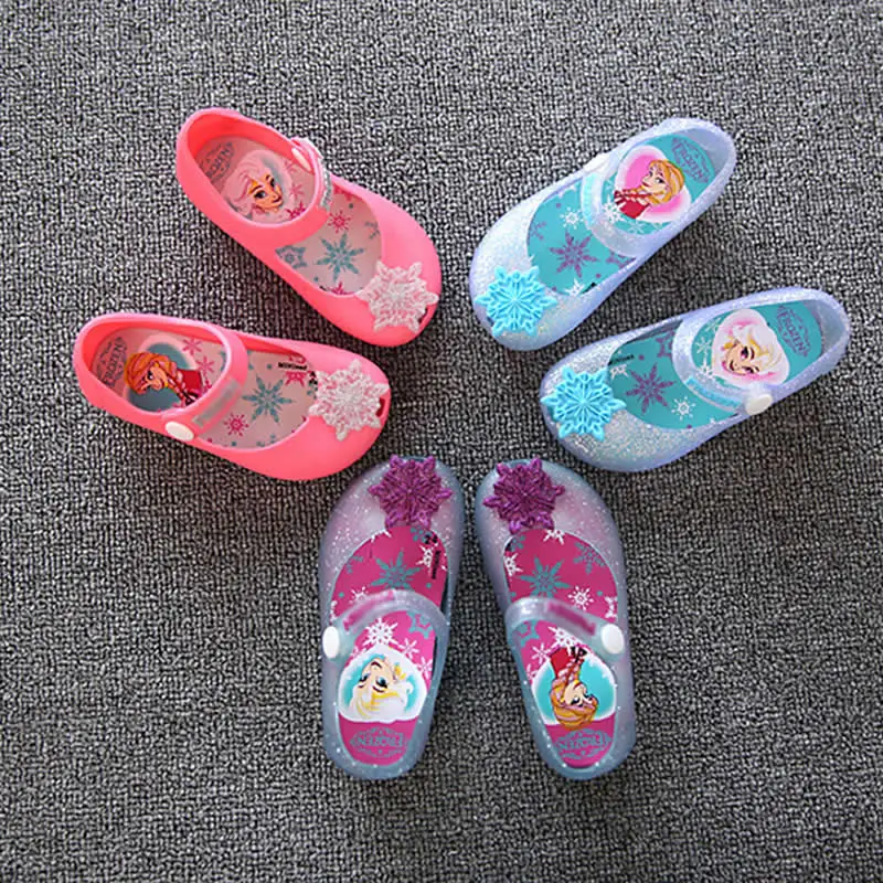 

Girls Elsa Cosplay Jelly color Shoes 3-8T Snowflake Design Kids Soft elsa sandal Princess shoes, As picture