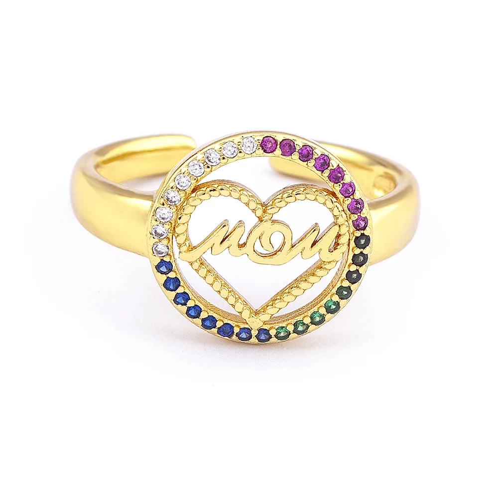 

Luxury Rainbow Diamond Letter Mom Mama Opening Rings Gold Plated Copper CZ Adjustable Ring for Mother's Day Gift Customized