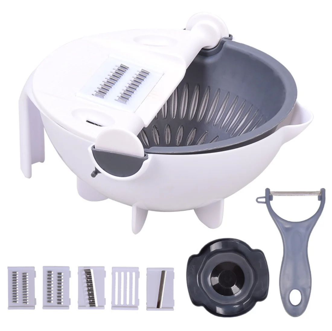 

7 Interchangeable Blades Slicer Rotate 9 in 1 Multipurpose Vegetable Cutter with Rapid Drain Basket, White+gray