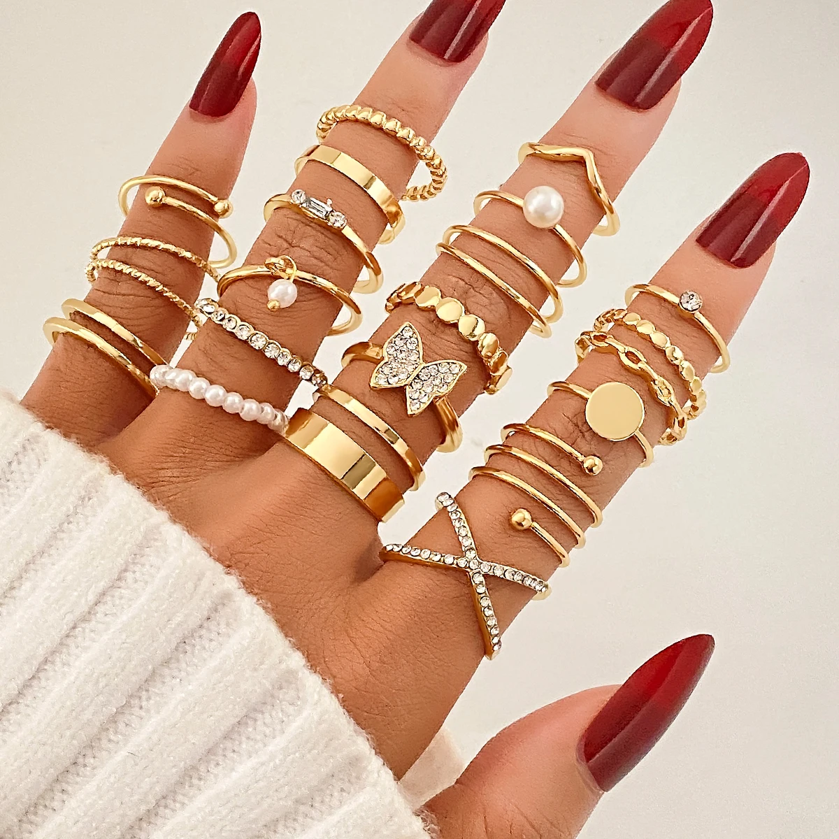 Wholesale 22pcs Fashion Gold Plated Shinny Butterfly Pearl Rings Sets for Women Jewelry Heart love Knuckle Finger Ring