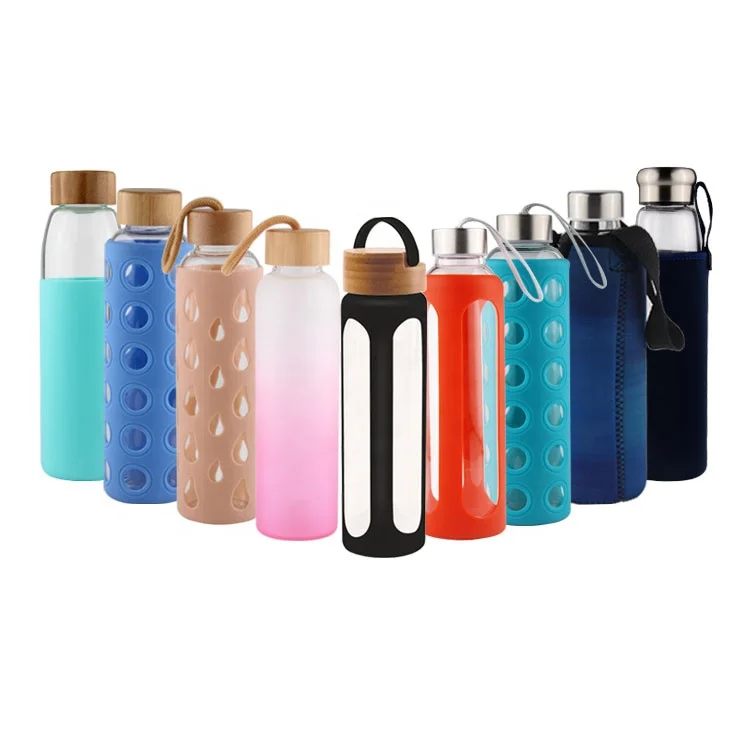 

BPA Free Leak-proof Wholesale Sport Borosilicate Drinking Glass Water Bottles with Screw Cap Bamboo Lid and Protective Sleeve