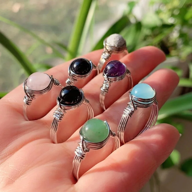 

Wire Wrapped Crystal Rings Reiki Healing Stone Natural Amethysts Agates Pink Quartz Fashion Women Ring Party Wedding Jewelry