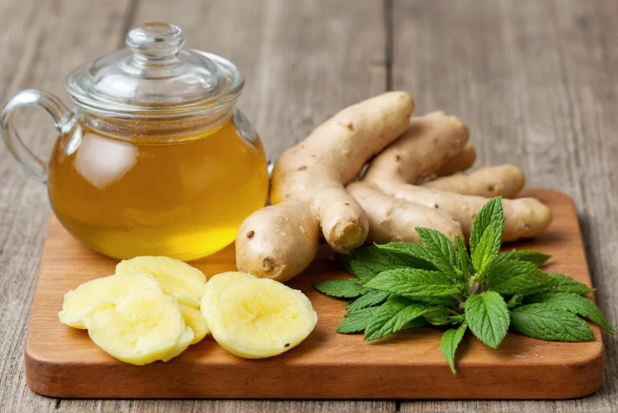 Fresh ginger root and peppermint leaves arranged on wooden cutting board with teapot