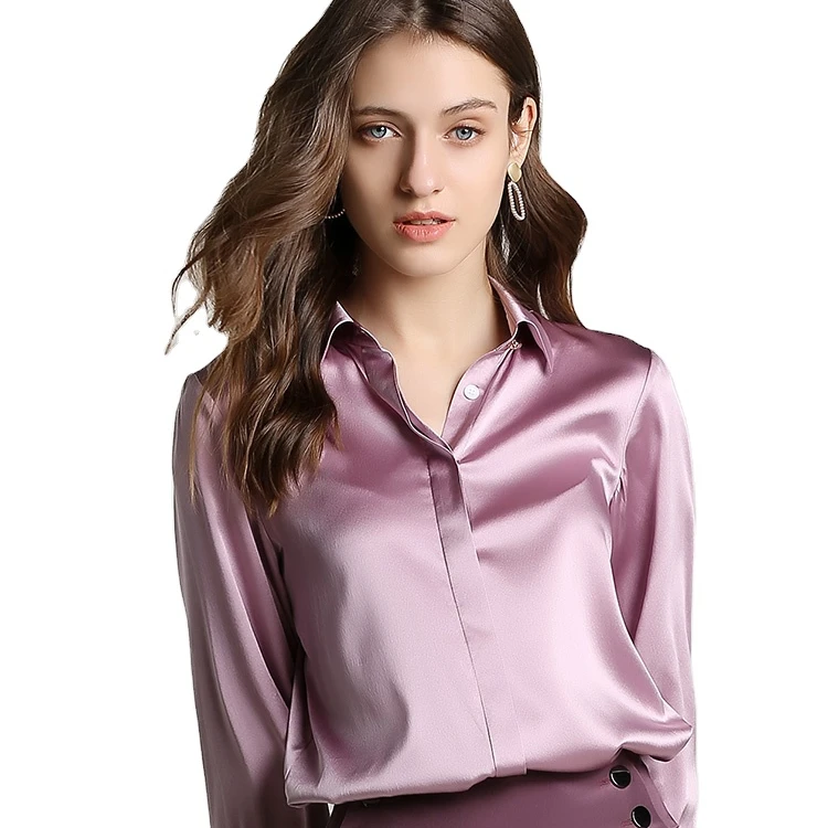 

New spring Dresses heavy silk long sleeve shirt with hidden lapel mulberry silk shirt with purple square collar fashion shirt