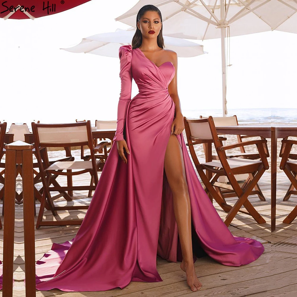 

Serene Hill Rose Satin One Shoulder Simple Evening Dresses 2021 Women Sexy Party Ball Gowns A Line With High Split LA70876
