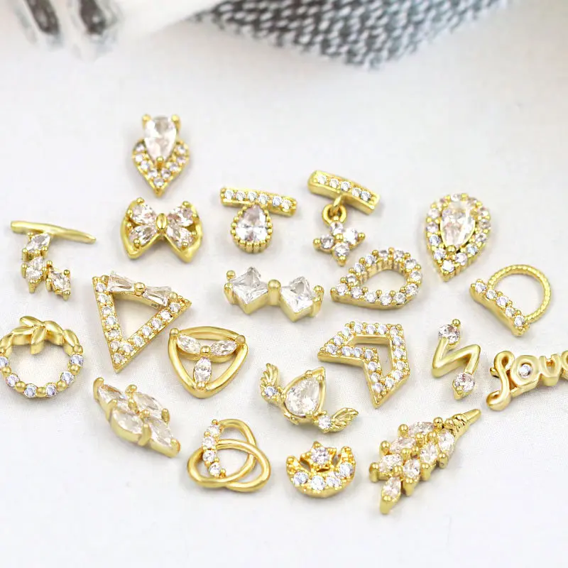 

Luxury Nail Art Charm Cubic Zircon Nail 3D Diamond Gold Plated Letter Love Knot Nail Sticker DIY Art Decoration Finger Jewelry, Colorful