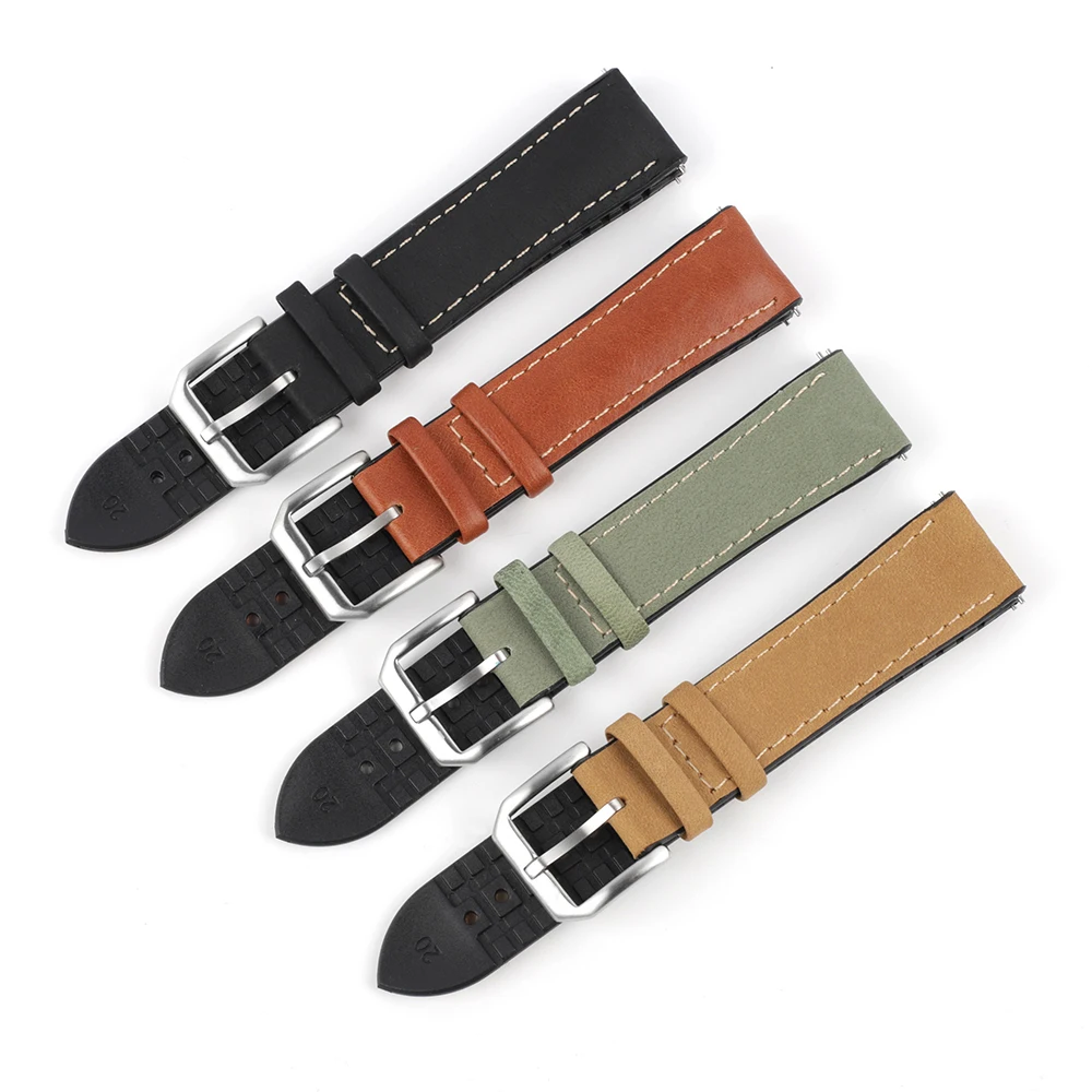 

New Style Leather Silicone Watch Band 20mm 22mm Silver Buckle Waterproof Black Watchstrap Replacement for Watch Accessories, Black/green/brown/red