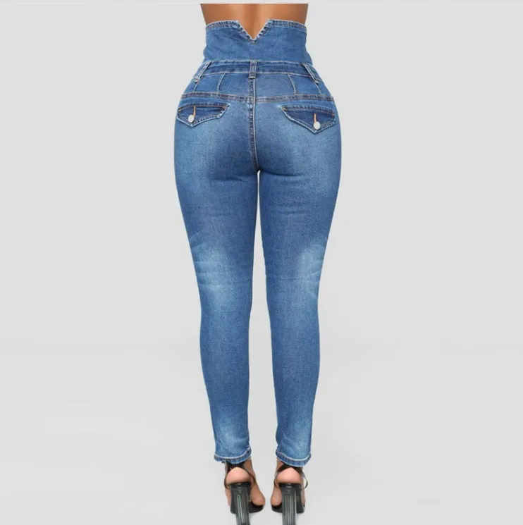 

Large Size High Waist Four-breasted Stretch Slim-fit Denim Trousers