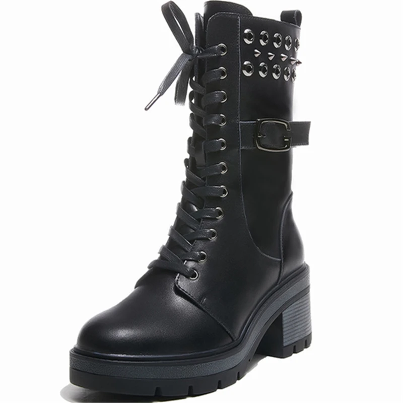 

2021 Thick-heeled black boots women's fall 2020 cowhide casual British style knight boots mid-tube short boots trendy