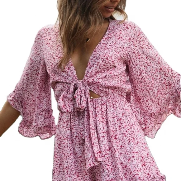 

Casual Sexy Deep V-neck Bow Daisy Floral Printed Sweet Summer Women Long Dresses Apparel 2021